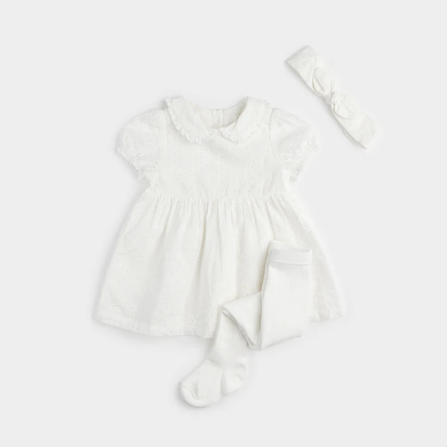 Petit Lem - 3 pc Eyelet Dress and Tights Set - White