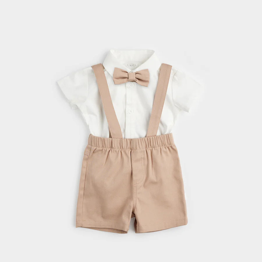 Petit Lem - Poplin Shirt & Suspender Shorts Set with Bowtie - Taupe