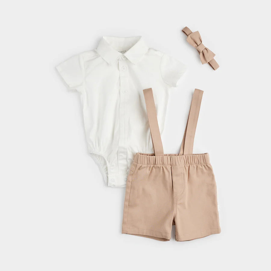 Petit Lem - Poplin Shirt & Suspender Shorts Set with Bowtie - Taupe
