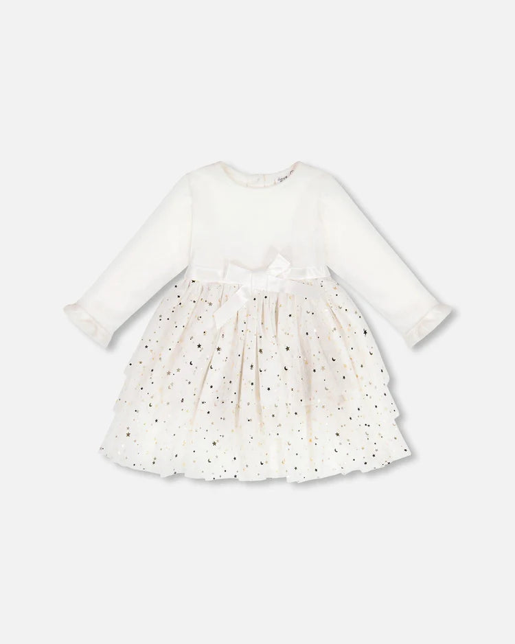 Deux Par Deux - Long Sleeve Dress With Glittering Tulle Skirt - Off White