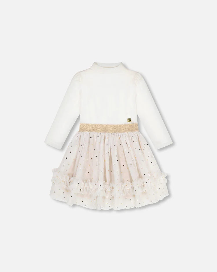 Deux Par Deux - Mock Neck Dress With Glittering Tulle Skirt - Off White