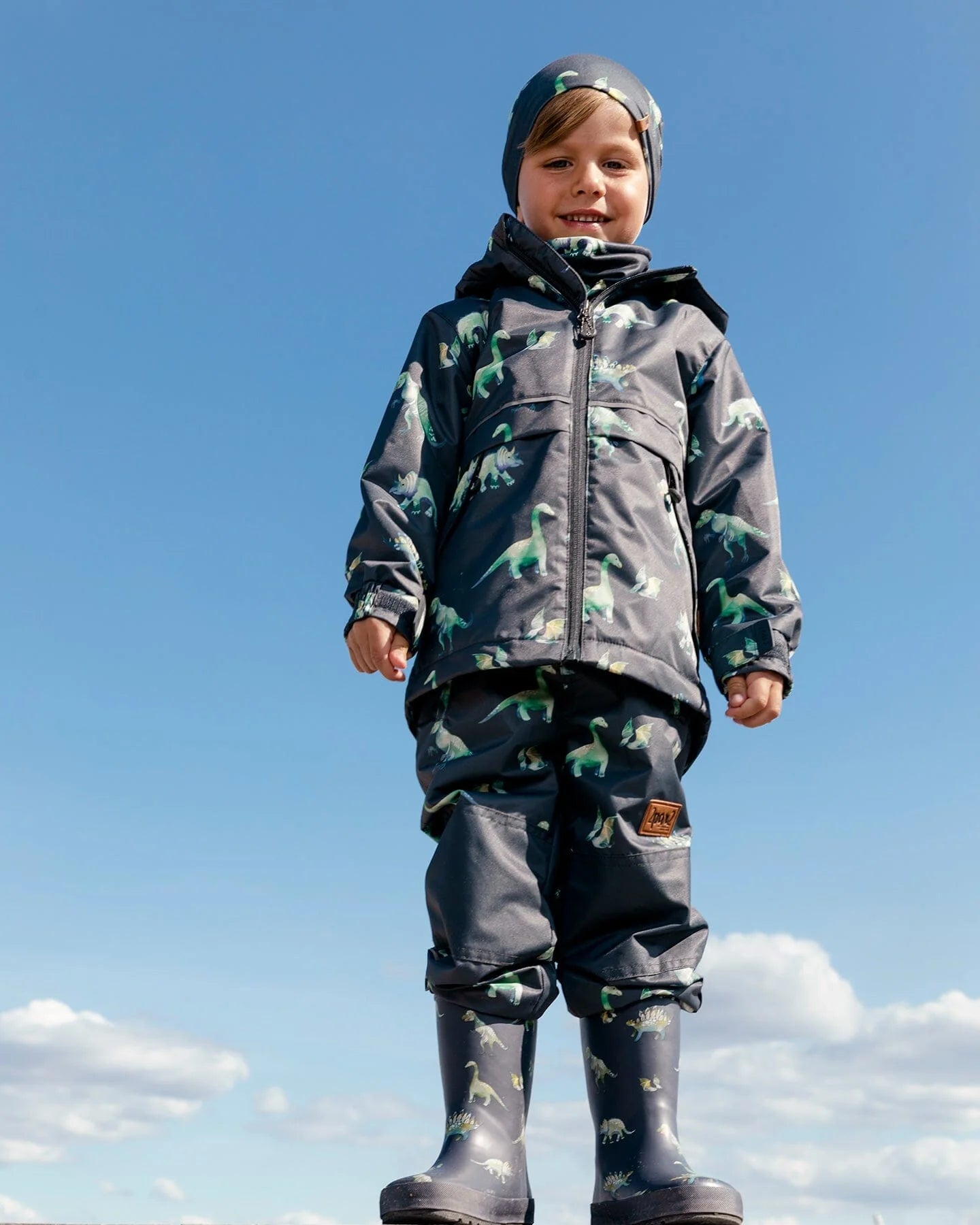 Deux Par Deux - Mid Season Two Piece Coat And Pant Set - Grey Printed Dinosaurs