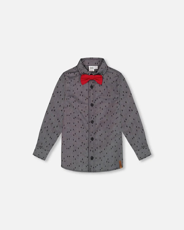 Deux par Deux - Printed Pine Chambray Shirt With Bow Tie - Gray