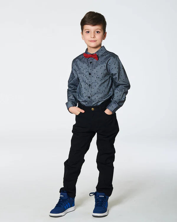 Deux par Deux - Printed Pine Chambray Shirt With Bow Tie - Gray