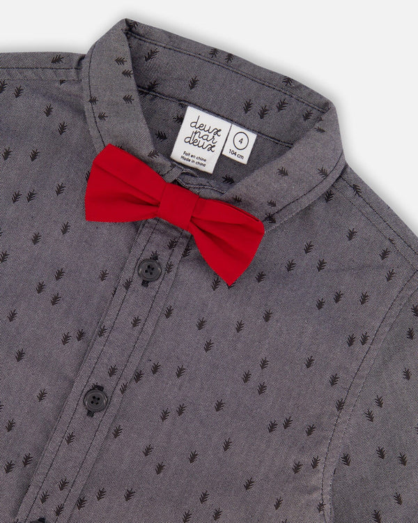 Deux par Deux - Printed Pine Chambray Shirt With Bow Tie - Gray