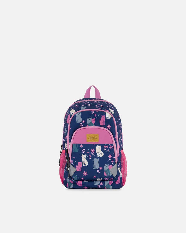 Deux Par Deux - Toddler Backpack - Navy Blue Printed Kitten