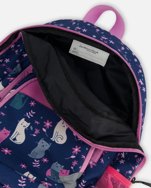 Deux Par Deux - Toddler Backpack - Navy Blue Printed Kitten
