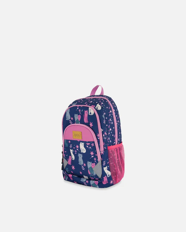 Deux Par Deux - Toddler Backpack - Navy Blue Printed Kitten