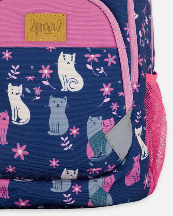 Deux Par Deux - Toddler Backpack - Navy Blue Printed Kitten