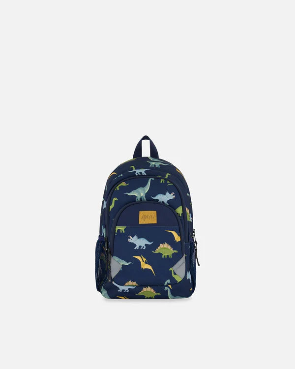 Deux Par Deux - Toddler Backpack - Navy Blue Printed Dinosaurs