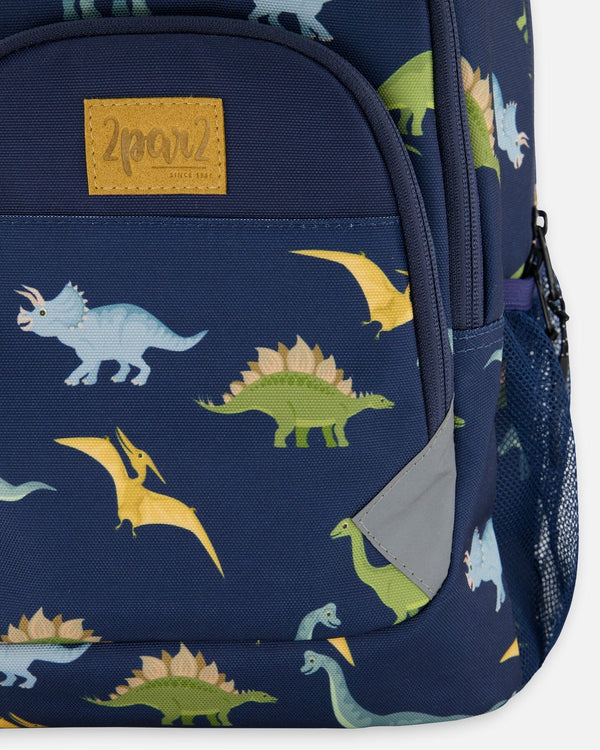 Deux Par Deux - Toddler Backpack - Navy Blue Printed Dinosaurs