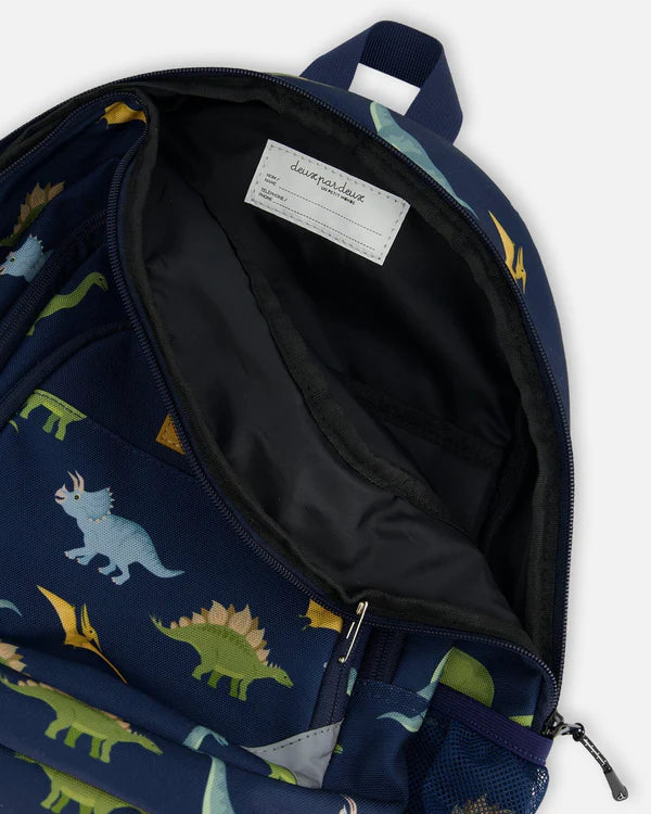 Deux Par Deux - Toddler Backpack - Navy Blue Printed Dinosaurs