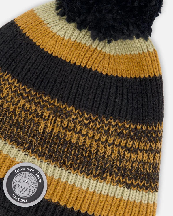 Deux Par Deux - Knit Hat with Pompom - Black & Brown