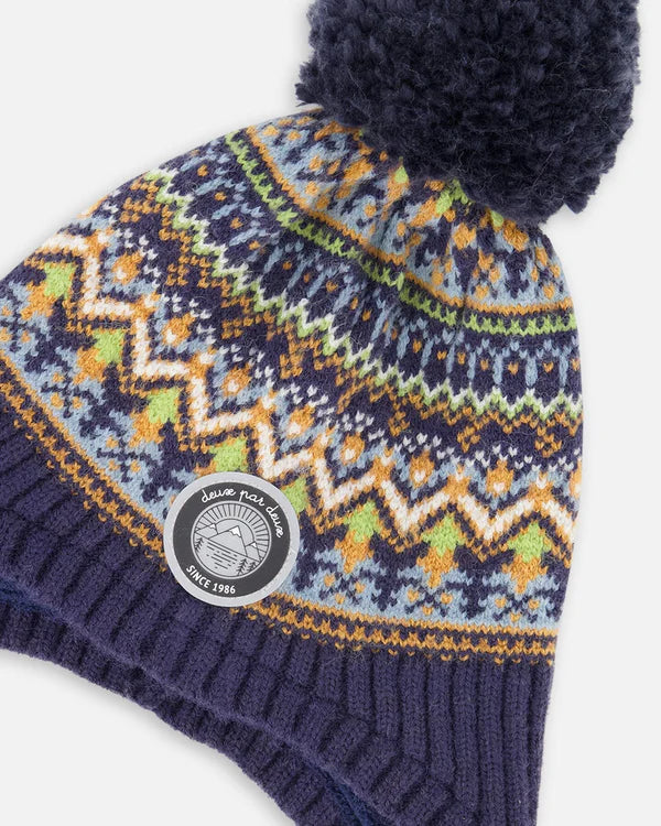 Deux Par Deux - Knit Hat with Pompom - Taupe & Navy