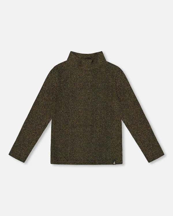 Deux Par Deux - Rib Mock Neck Top - Black with Gold Lurex