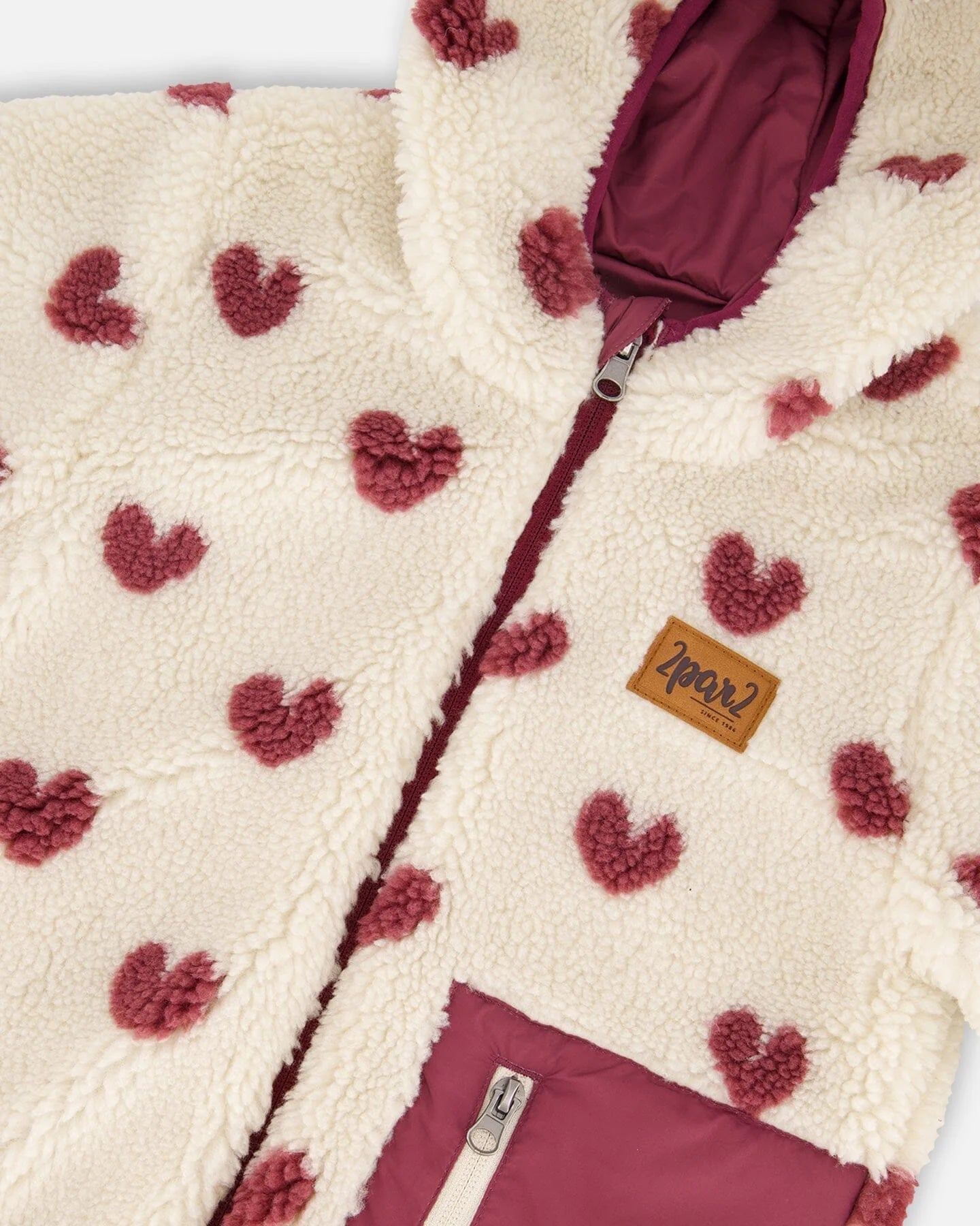 Deux Par Deux - Reversible Mid-Season Sherpa Jacket - Burgundy Heart