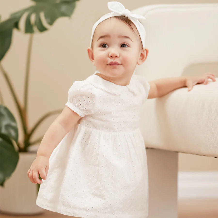 Petit Lem - 3 pc Eyelet Dress and Tights Set - White