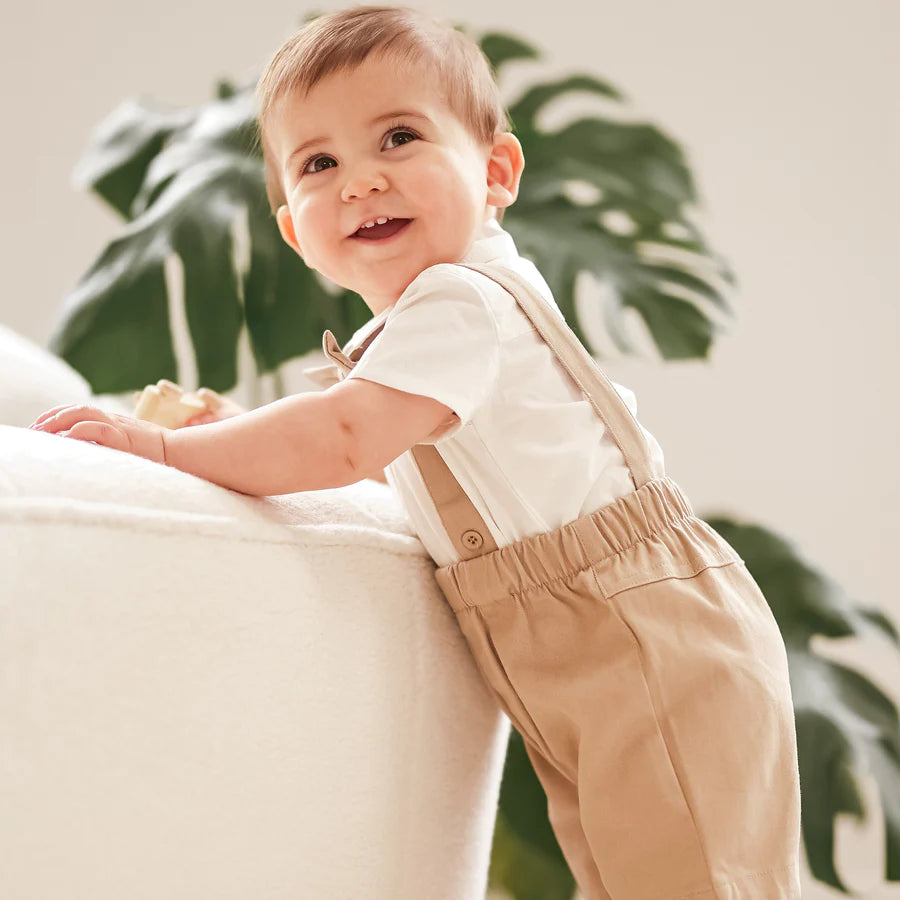 Petit Lem - Poplin Shirt & Suspender Shorts Set with Bowtie - Taupe