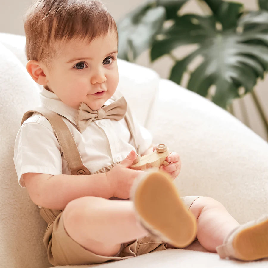 Petit Lem - Poplin Shirt & Suspender Shorts Set with Bowtie - Taupe