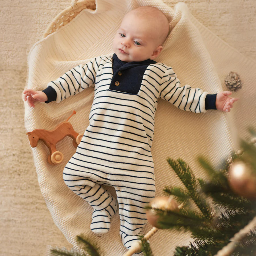 Petit Lem - Striped Shawl Collar Velour Sleeper - Dress Blue