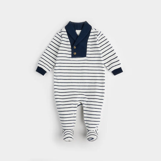 Dress Blue Striped Shawl Collar Velour Sleeper/Dormeuse en velours blanc cassé à rayures bleues