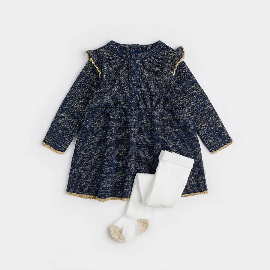 Golden Stars Pattern on Dress Blue Sweater Knit Dress Set/Ensemble de robe bleu et or (2 mcx)