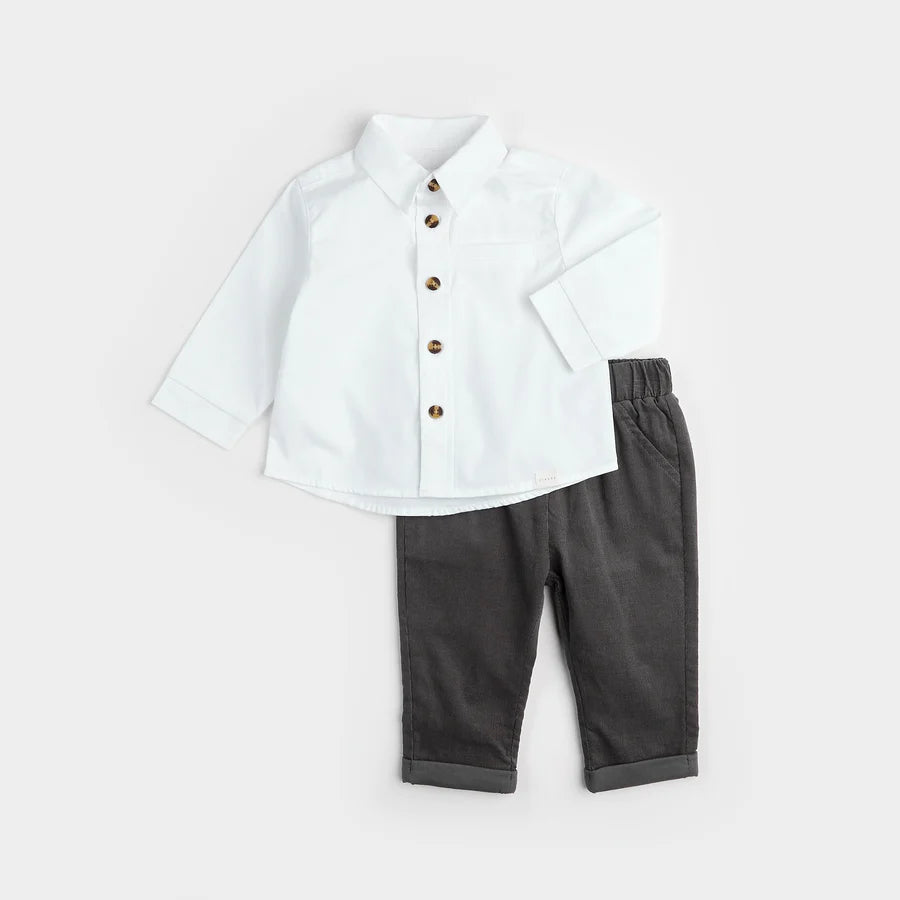 Petit Lem - Poplin Shirt Set with Asphalt Corduroys/Ensemble chemise blanche et velours côtelé gris