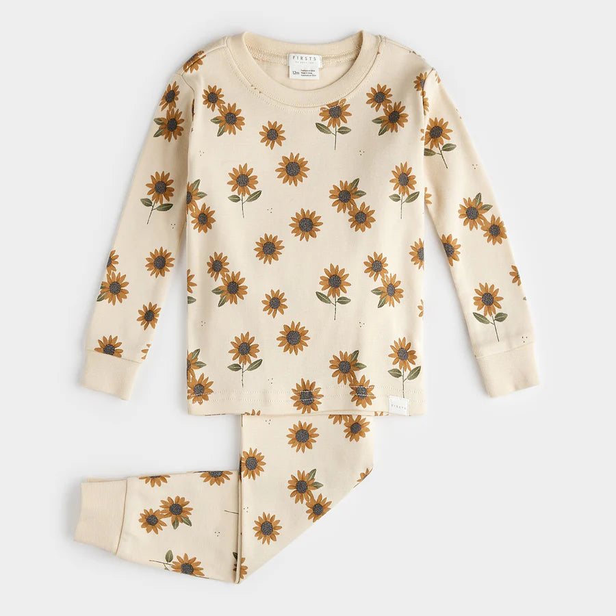 Petit Lem - Sunflower Print on Antique White PJ Set/Ensemble pyjama beige à imprimé de tournesols pour enfant