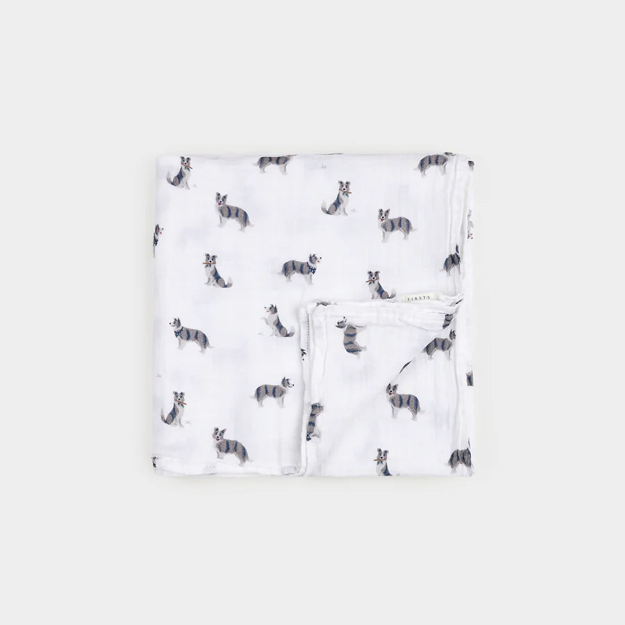 Petit Lem - Australian Shepherd Print on Muslin Swaddle/Langes en mousseline à imprimé de Bergers Australiens