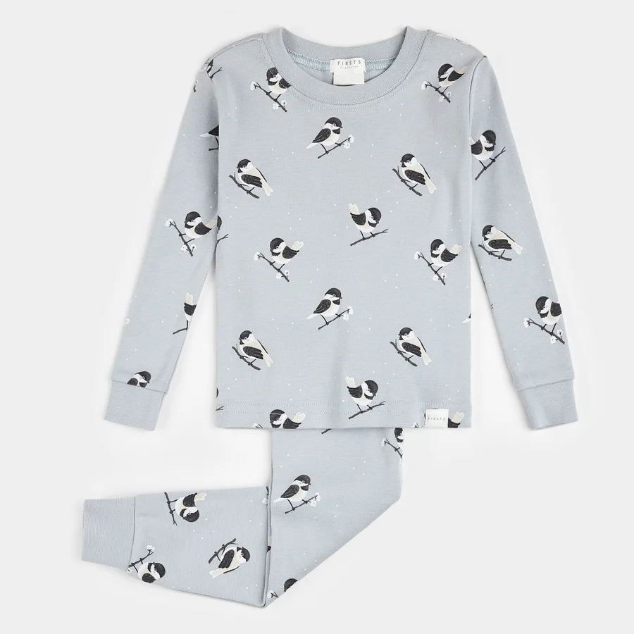 Petit Lem - Chickadee Print on Pearl Blue PJ Set/Ensemble pyjama bleu perle à imprimé de mésanges