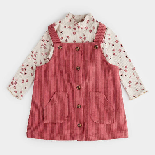 Petit Lem - Raspberry Corduroy Overall Dress Set/Ensemble de robe en velours côtelé framboise