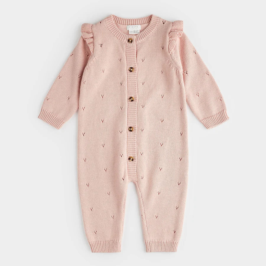 Petit Lem - Peony Pointelle Knit Playsuit/Combinaison en tricot pointelle rose pivoine