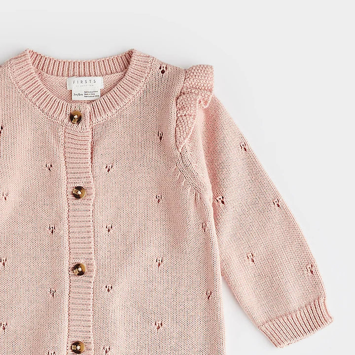 Petit Lem - Peony Pointelle Knit Playsuit/Combinaison en tricot pointelle rose pivoine