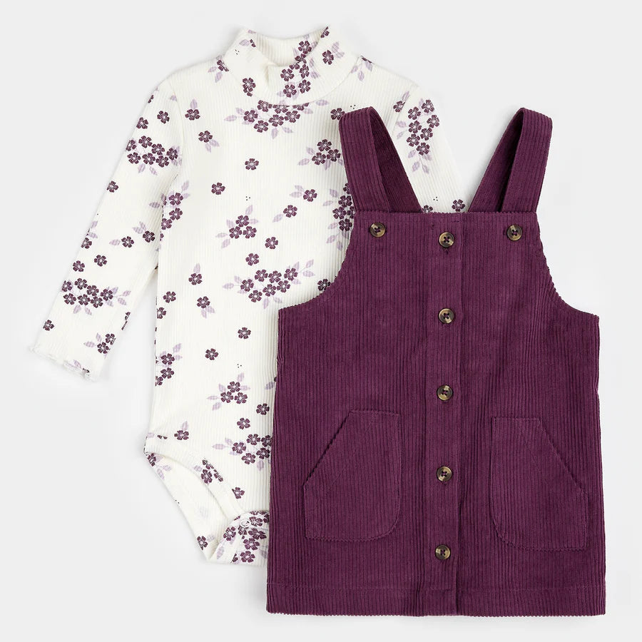 Petit Lem - Plum Corduroy Overall Dress Set/Ensemble robe salopette en velours côtelé prune