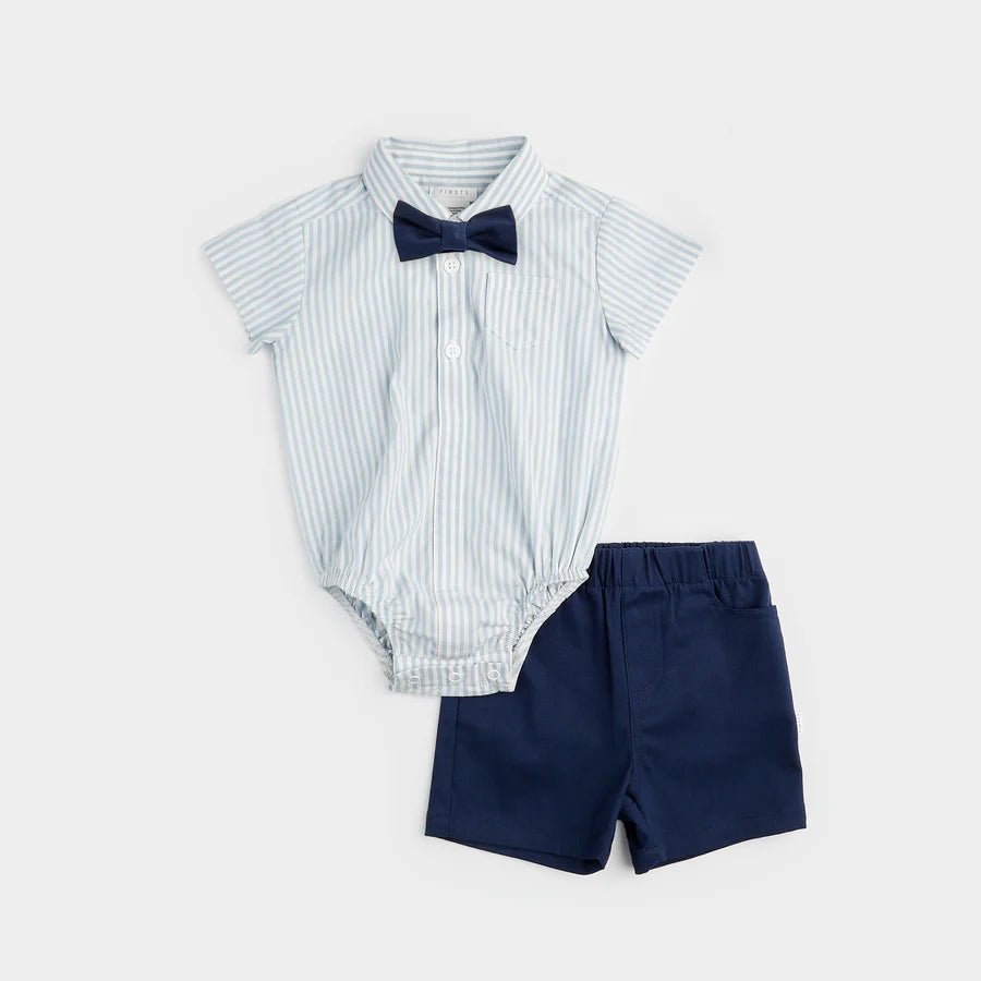 Petit Lem - Poplin Shirt and Shorts Set with Bowtie - Celestial Blue