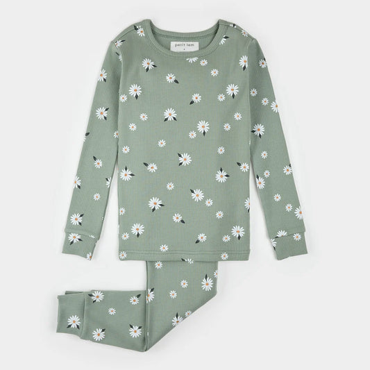 Petit Lem - Ribber Pajamas - Daisy Print on Sage Green
