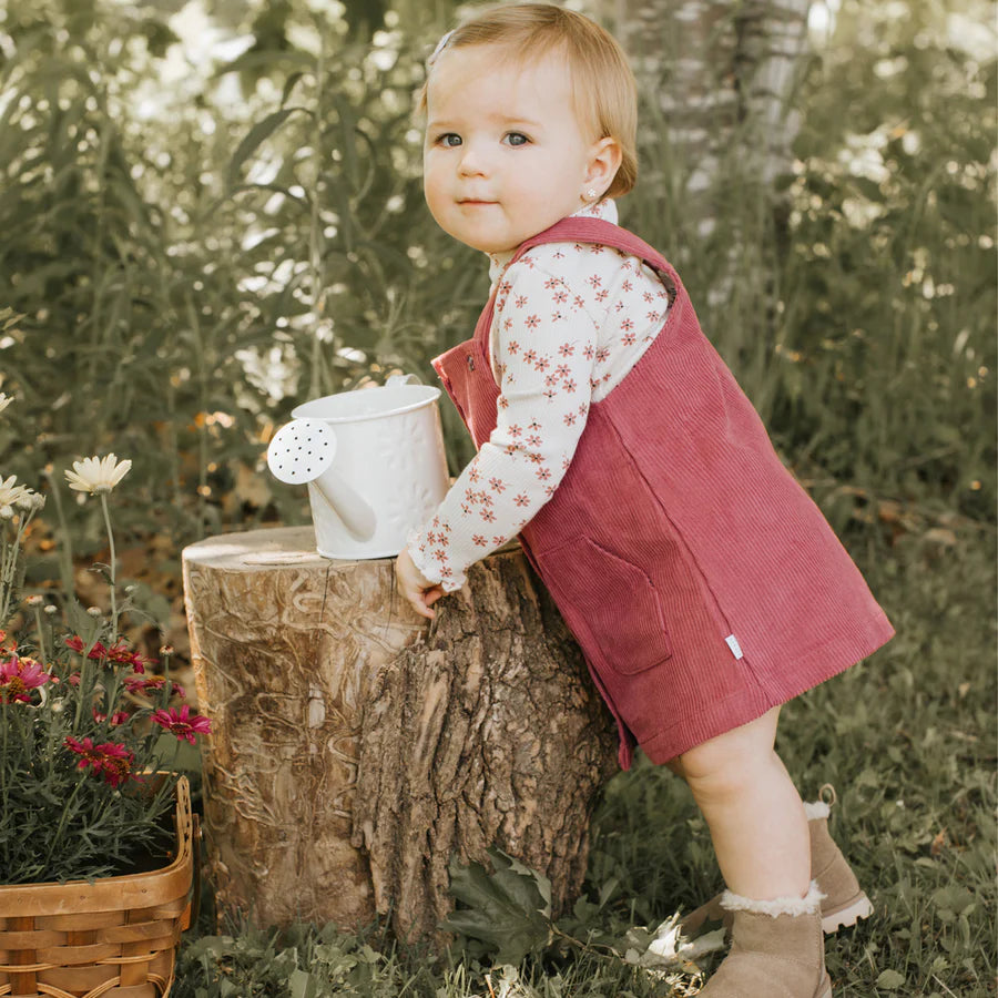 Petit Lem - Raspberry Corduroy Overall Dress Set/Ensemble de robe en velours côtelé framboise