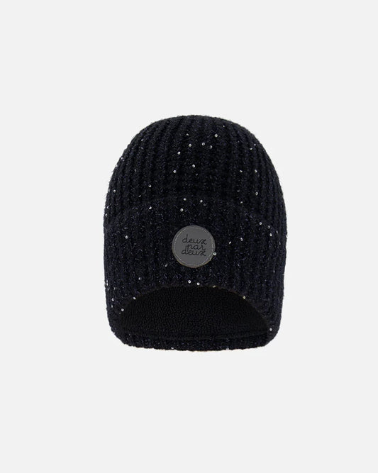 Deux Par Deux Black Sequined Knitted Hat