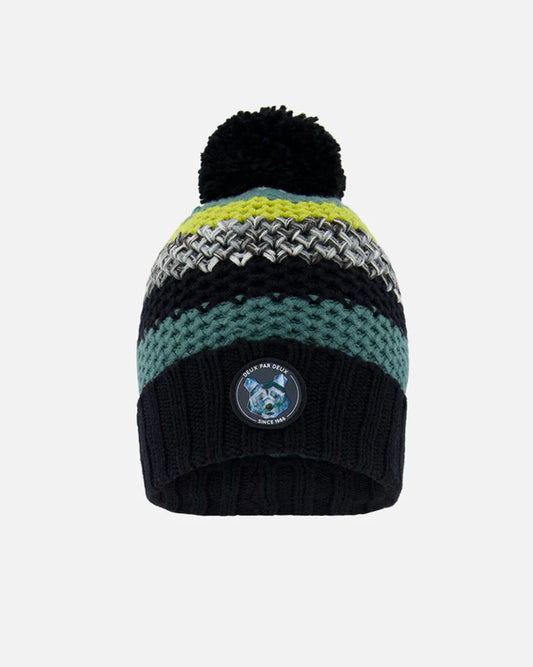 Deux Par Deux Striped Knit Hat Lemongrass, Pine Green And Black/Tuque en tricot rayé citronnelle, vert pin et noir