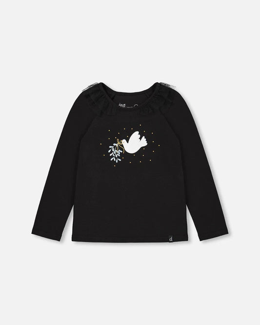 Long Sleeve Top With Frills Black/Haut à manches longues noir avec volants