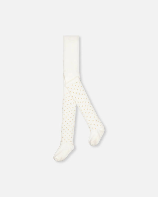 Gold Heart Pattern Tights Off White/Collants blanc crème avec motif de cœur or