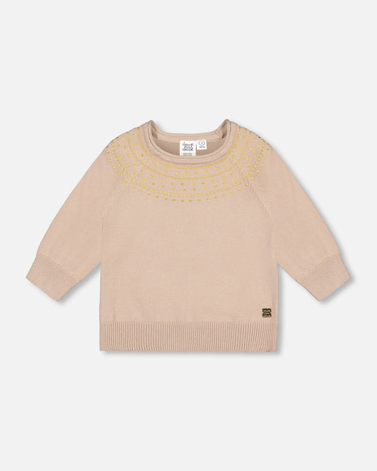 Deux Par Deux - 3/4 Sleeve Knitted Sweater Gold Beige/Chandail en tricot à manches 3/4 beige-or