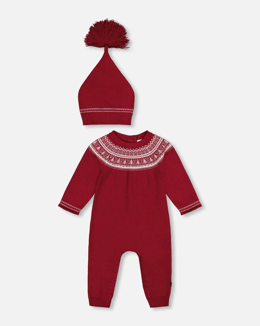 Deux par Deux Knitted Icelandic One Piece And Hat Set Burgundy/Ensemble une pièce et bonnet en tricot motif islandais bordeaux