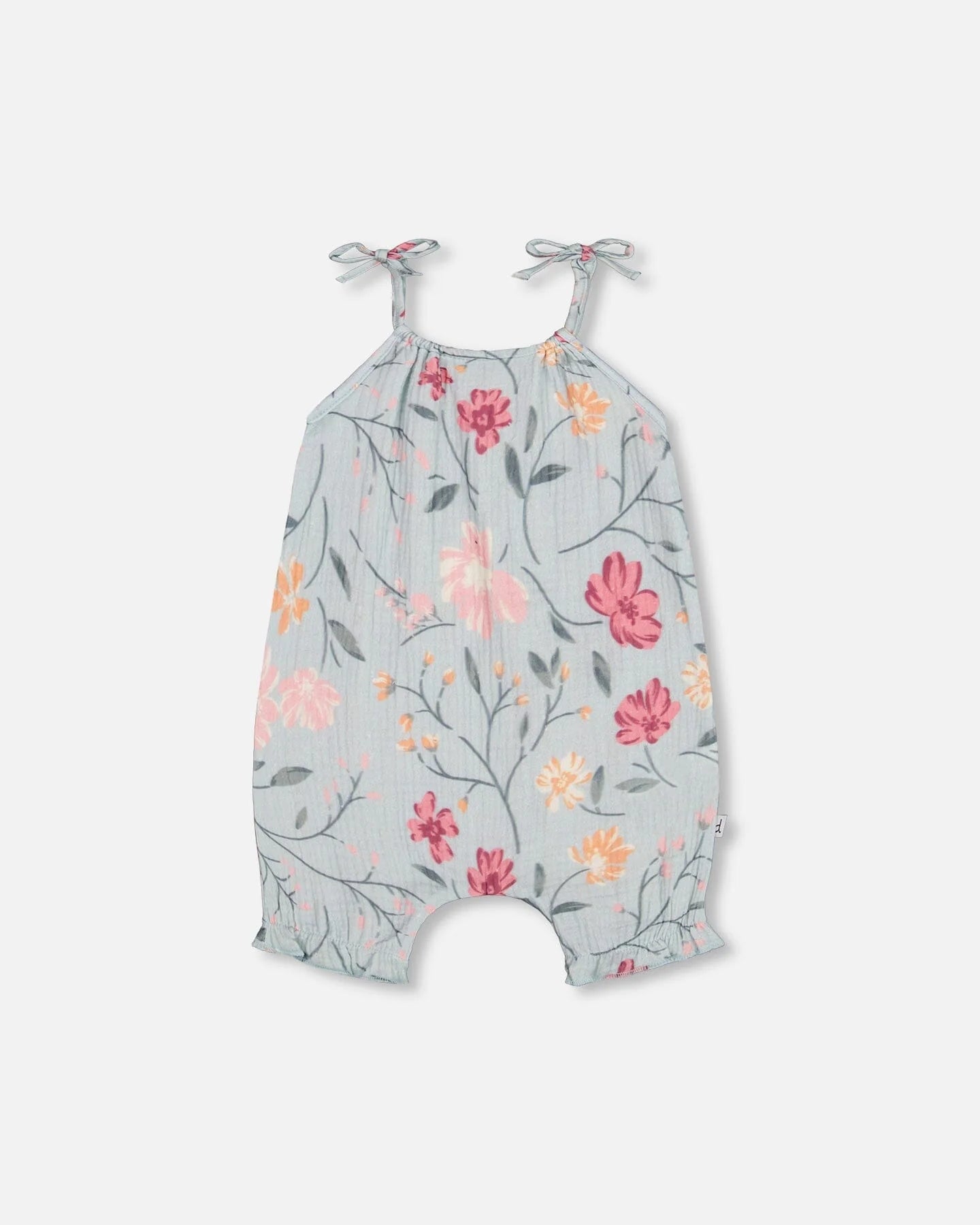 Deux Par Deux - Printed Muslin Romper Light Blue With Printed Romantic Flowers/Barboteuse En Mousseline Bleu Clair Avec Imprimé De Fleurs Romantiques