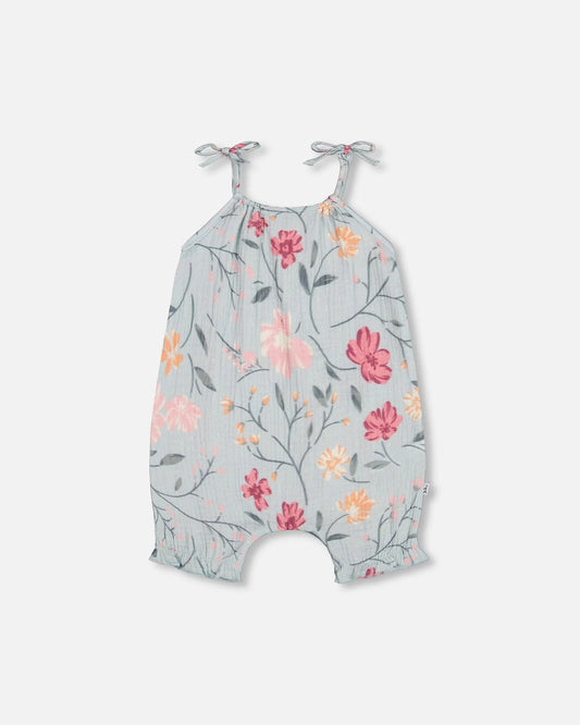 Deux Par Deux - Printed Muslin Romper Light Blue With Printed Romantic Flowers/Barboteuse En Mousseline Bleu Clair Avec Imprimé De Fleurs Romantiques