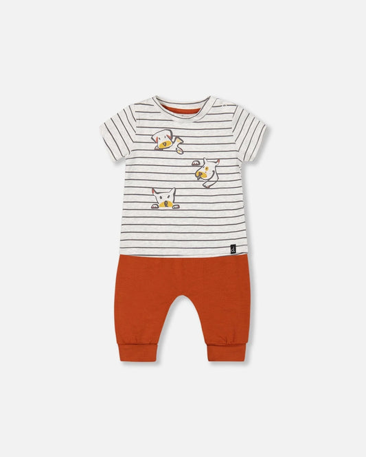 Deux Par Deux - Organic Cotton Top And Evolutive Pant Set Heather Beige And Cinnamon/Ensemble Haut Rayé Et Pantalon Évolutif Cannelle En Coton Biologique