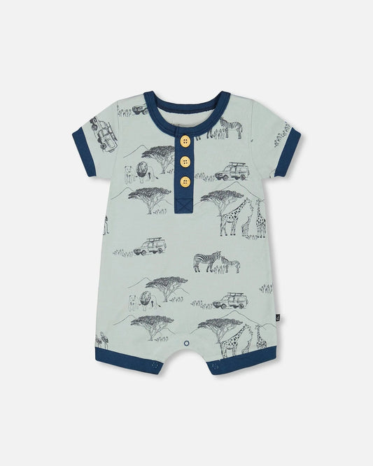 Deux Par Deux - Organic Cotton Romper Sage With Printed Jungle/Barboteuse Grise Avec Imprimé De La Jungle En Coton Biologique