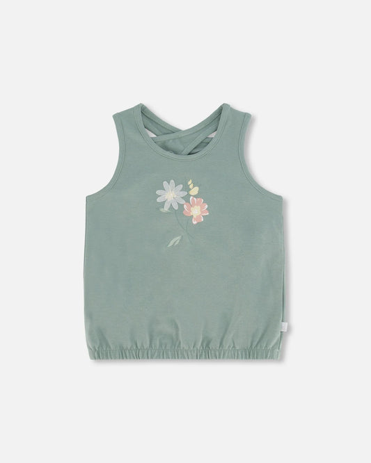 Deux Par Deux - Organic Cotton Tank Top With Print Olive Green/Camisole Avec Imprimé Vert Olive En Coton Biologique