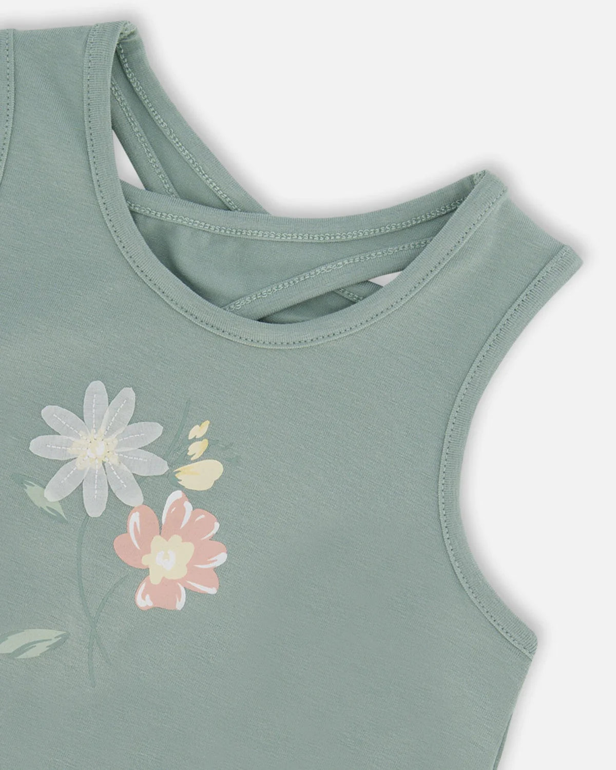 Deux Par Deux - Organic Cotton Tank Top With Print Olive Green/Camisole Avec Imprimé Vert Olive En Coton Biologique