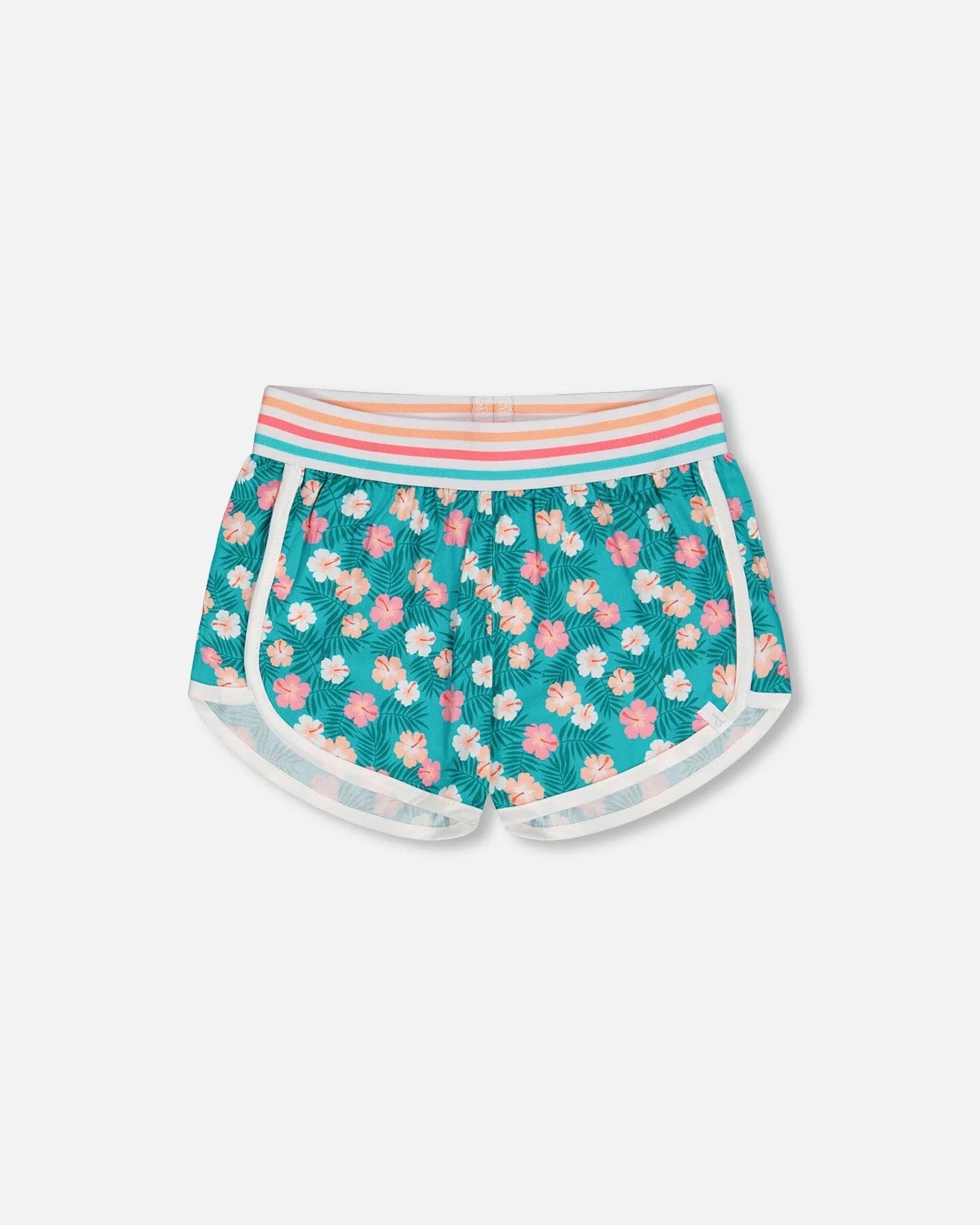 Deux Par Deux - Striped Waist Viscose Short Turquoise Printed/Short Turquoise Imprimé Petit Hibiscus En Viscose Avec Taille Rayée